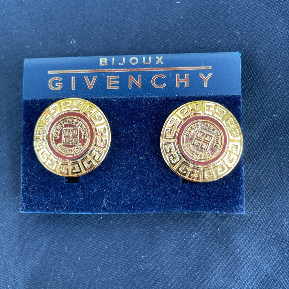 Givenchy Logo Greek Key Clip Earrings Gold Plate Vintage New Old Stock! Mint!
